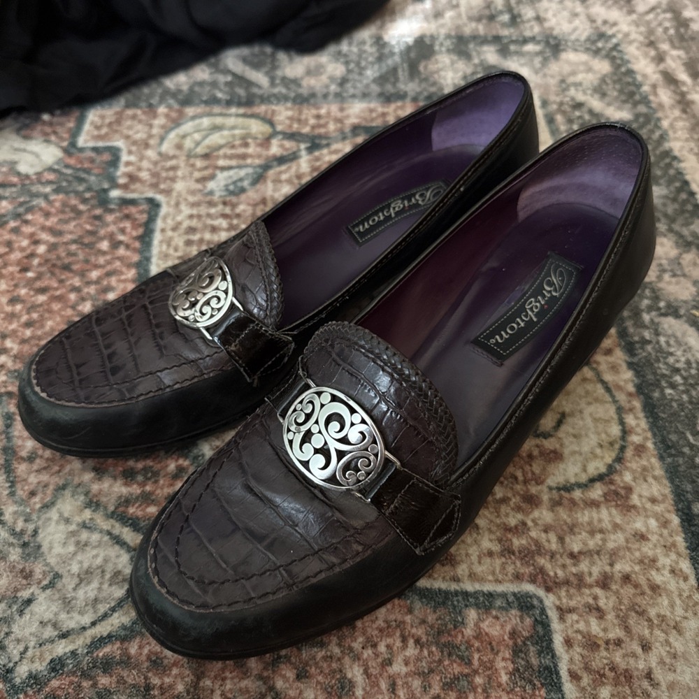 Brighton Artist Black Leather Loafers W/Croc Embossing Metal‎ Embellishment 8.5